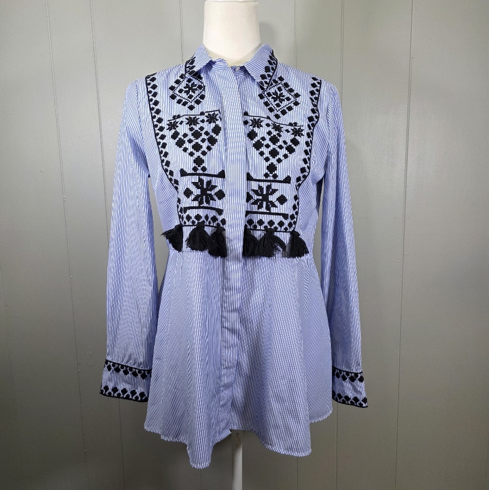 Zara Women Oxford Blue White Stripe Button Embroidery With Tassels Top Size S